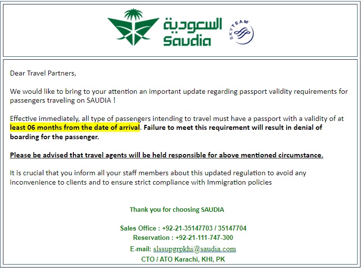 Saudi Airlines Passport Validity Notification